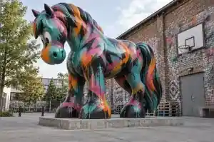 Graffiti painted cartoon horse sculpture in a Berlin youth centre yard with layered spray colour