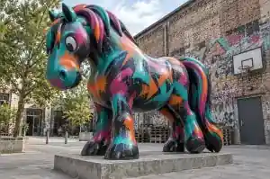 Three-quarter view of a 2.8 m cartoon horse sculpture covered in layered spray-paint colour fields