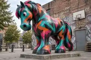 Detail of the airbrush fade and drips on the flank of a graffiti cartoon horse sculpture