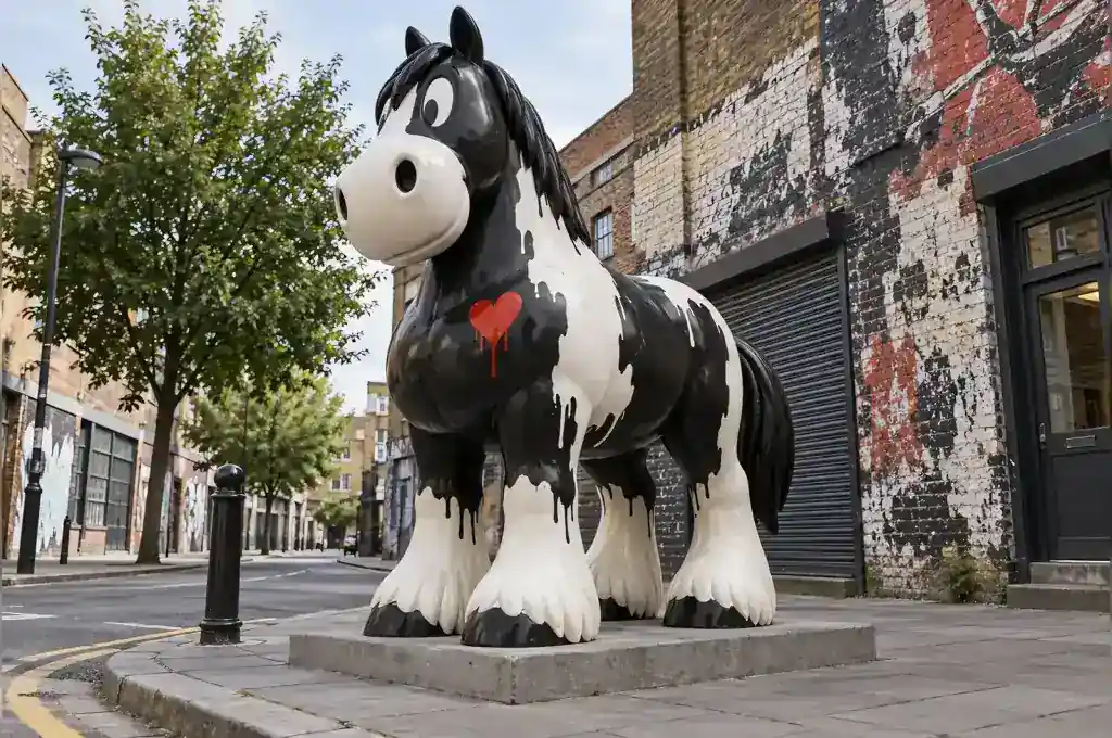 Stencil painted cartoon draft horse sculpture on a London Shoreditch street corner