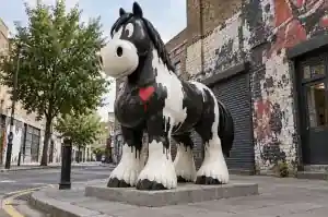 Stencil painted cartoon draft horse sculpture on a London Shoreditch street corner