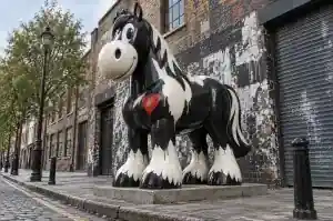 Three-quarter view of a 2.6 m cartoon horse sculpture in flat black and off-white stencil paint