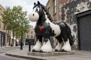 Detail of the stencil edges and paint drips on a two-tone cartoon horse sculpture