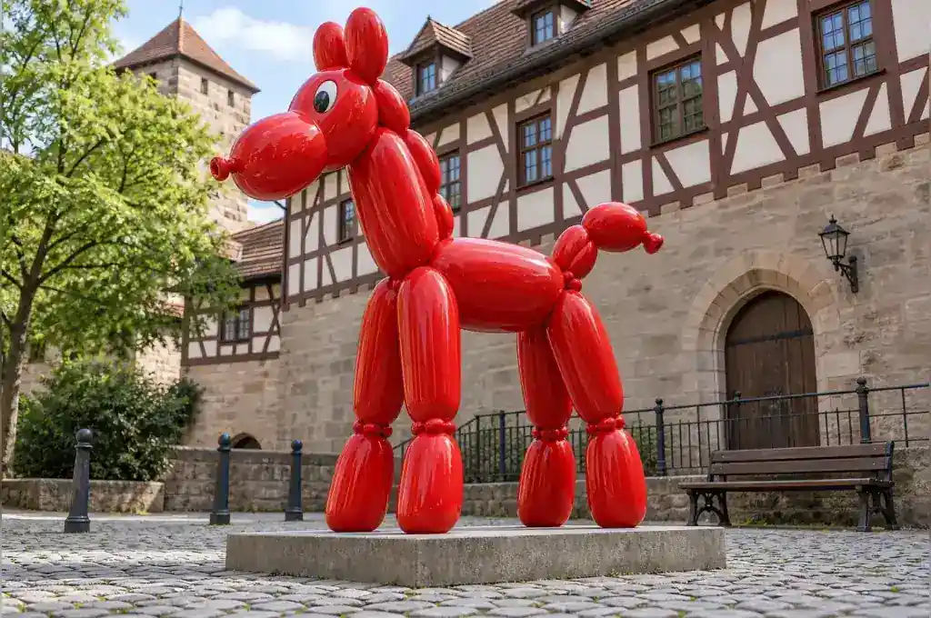 Balloon animal cartoon horse sculpture in glossy fibreglass in a Nuremberg toy museum courtyard