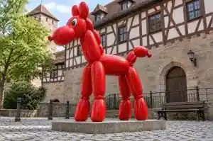 Balloon animal cartoon horse sculpture in glossy fibreglass in a Nuremberg toy museum courtyard