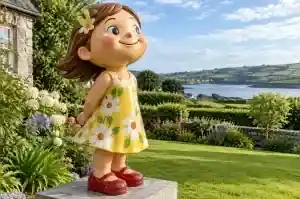 Three-quarter view of a cartoon child fibreglass sculpture in a summer dress, County Cork