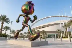 Iridescent colour shift cartoon runner sculpture on a Doha stadium plaza