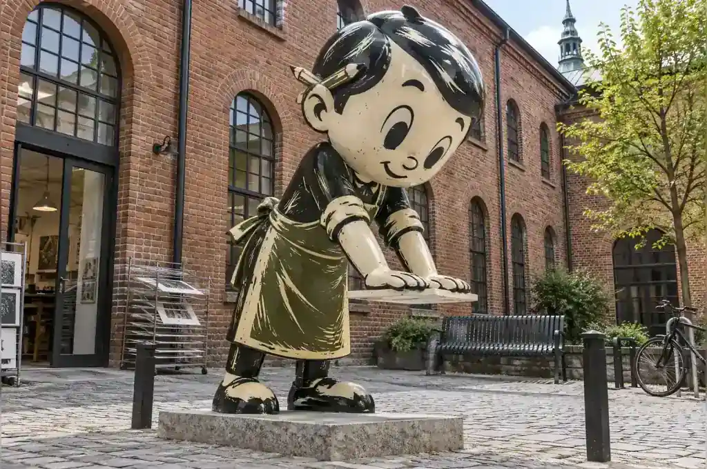 Linocut style cartoon printmaker sculpture in a Krakow arts centre courtyard