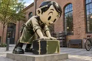 Three-quarter view of a 2.1 m two-colour cartoon figure sculpture on a cream paper-toned ground