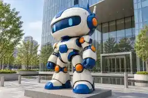 Three-quarter view of a 2.4 m cartoon robot sculpture with panel lines and bolted joints
