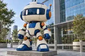 Detail of the visor band and orange joint caps on a mecha robot cartoon sculpture