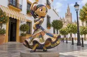 Three-quarter view of a 2.0 m cartoon dancer sculpture tiled in blue, ochre and terracotta