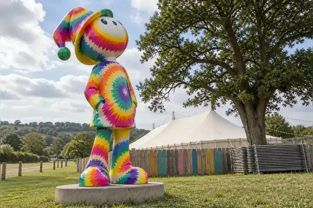 Tie dye cartoon festival goer sculpture on a Somerset festival site