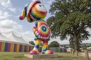 Detail of the raw bleeding colour edges on a tie-dye cartoon festival figure sculpture