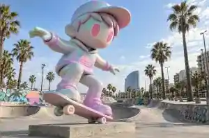 Three-quarter view of a 2.3 m cartoon skater sculpture airbrushed in pastel mint, lilac and pink