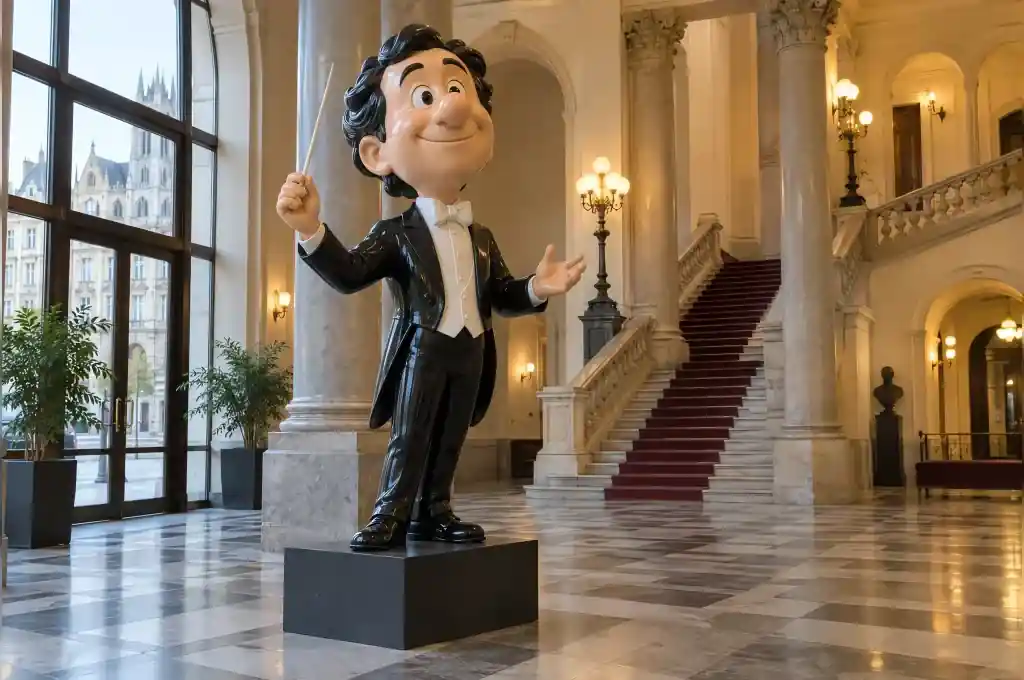 Large cartoon three-quarter portrait of a conductor in gloss-painted fibreglass, Ghent concert hall