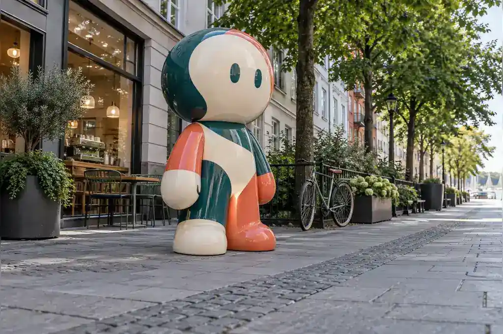 Abstract cartoon brand mascot sculpture in gloss-painted fibreglass outside a Copenhagen coffee shop