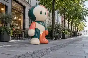 Abstract cartoon brand mascot sculpture in gloss-painted fibreglass outside a Copenhagen coffee shop