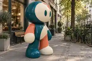 Three-quarter view of a colour-blocked abstract mascot character sculpture on a shopping street