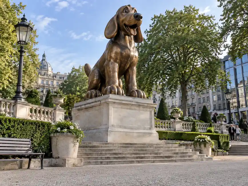 Cartoon-style dog sculpture cast in bronze with a golden-brown patina in a formal garden
