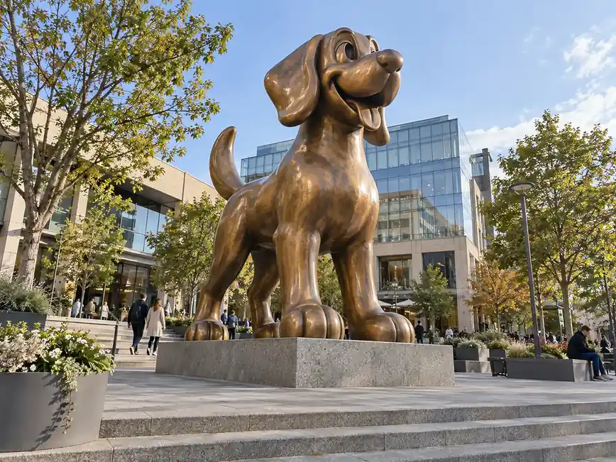 Bronze-toned cast sculpture of a cartoon dog standing outdoors on a stone base