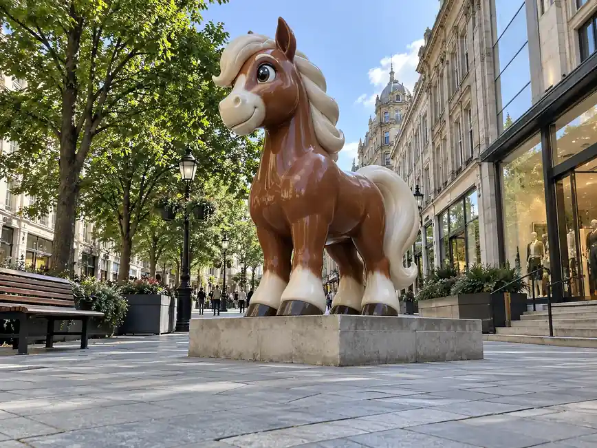 Cartoon-style pony sculpture in gloss-painted fibreglass on a paved shopping street
