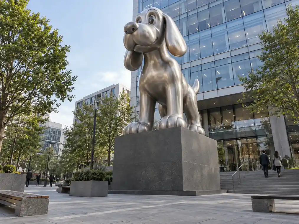 Cartoon-style dog sculpture fabricated in brushed stainless steel on a modern plaza