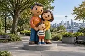 Large cartoon family group of three figures in gloss-painted fibreglass, Seattle public park