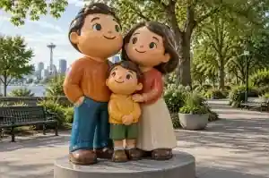 Three-quarter view of a cartoon family group fibreglass sculpture on a shared base, Seattle