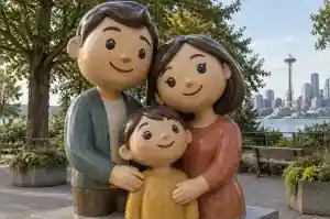 Detail of the painted faces of a cartoon family group fibreglass sculpture