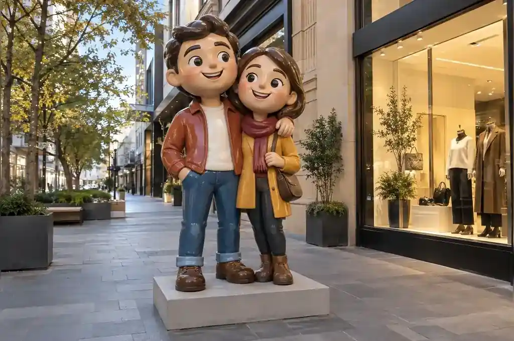 Large cartoon couple sculpture in gloss-painted fibreglass in front of an Adelaide retail storefront