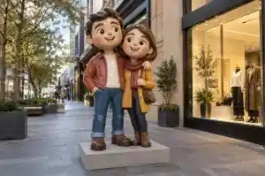 Large cartoon couple sculpture in gloss-painted fibreglass in front of an Adelaide retail storefront