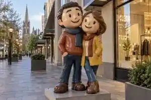 Three-quarter view of a cartoon couple fibreglass sculpture standing with arms around each other