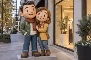 Detail of the painted faces of a cartoon couple fibreglass sculpture