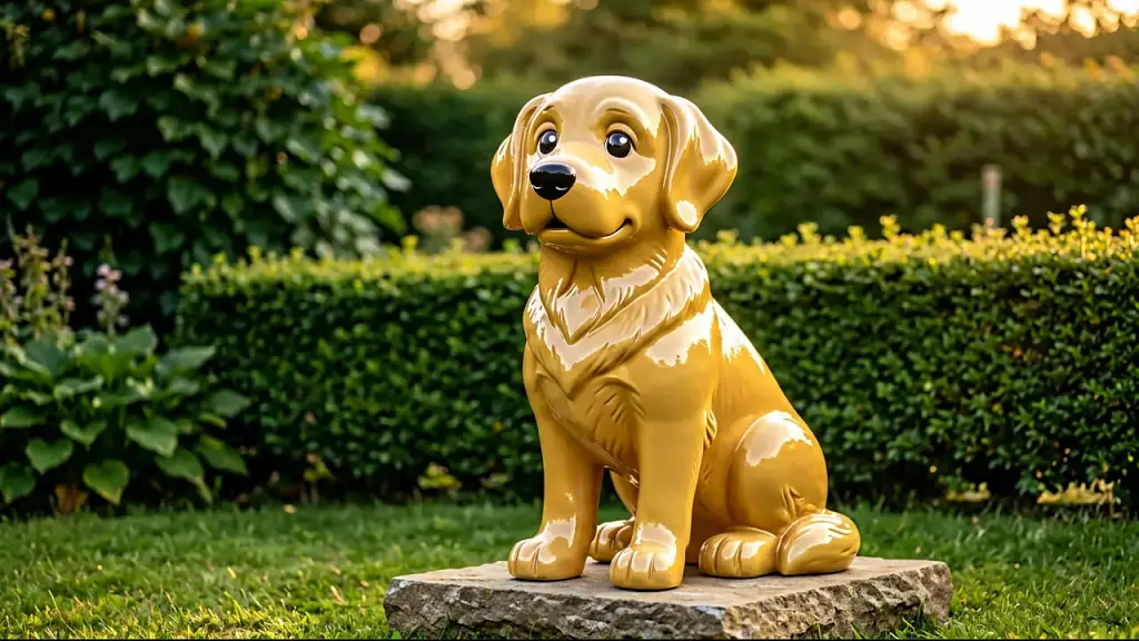 Gloss-painted cartoon memorial sculpture of a dog in a garden, built in fibreglass by Y Sculpture