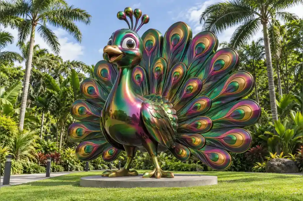 3.2 m cartoon peacock with a full display tail on a tropical zoo entrance lawn in Singapore