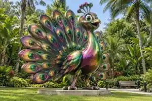 Three-quarter view of the iridescent painted fibreglass peacock showing the colour shift across the tail fan