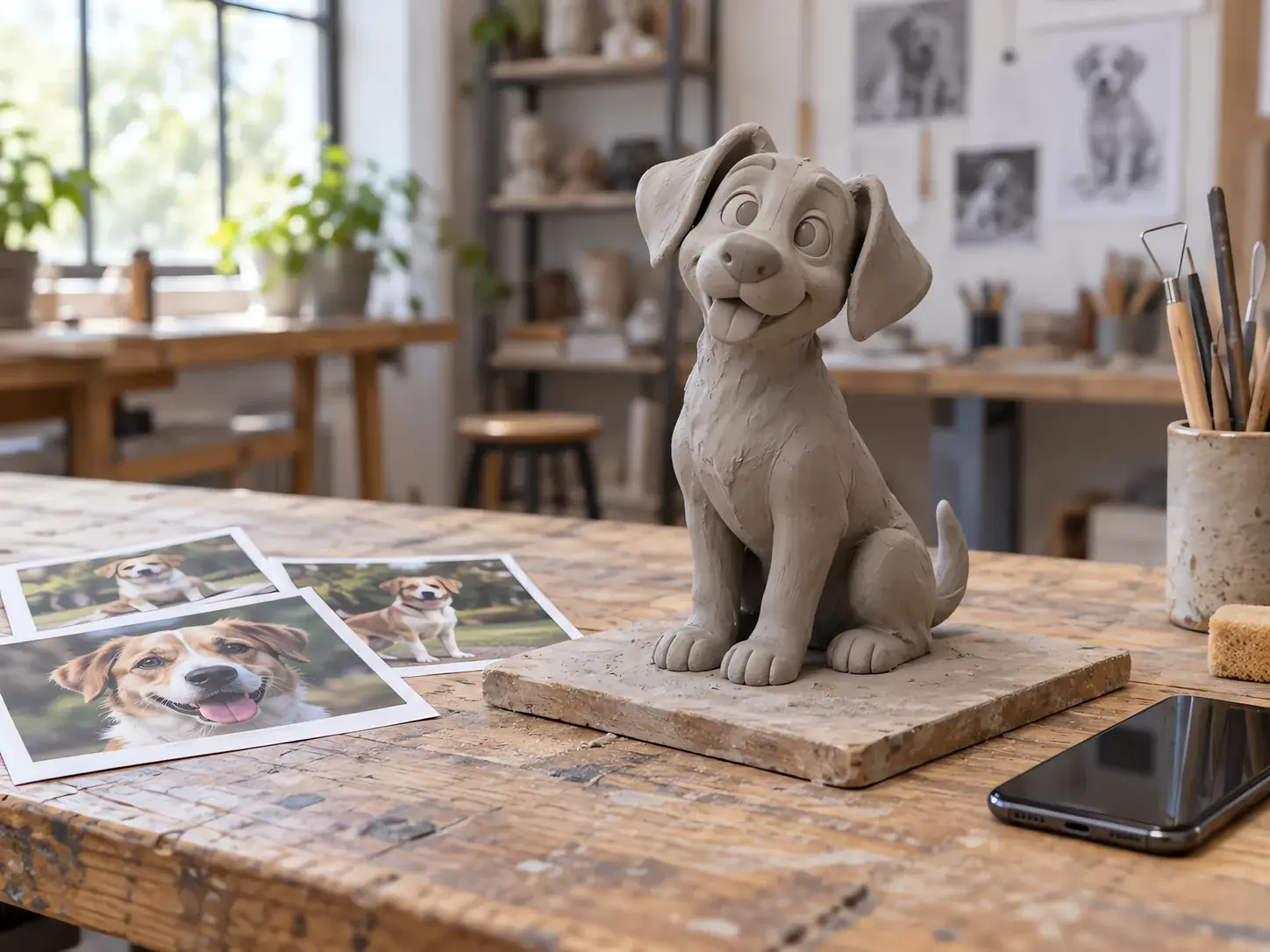 Reference photographs of a dog on a workshop bench beside a small grey clay maquette of the same cartoon dog