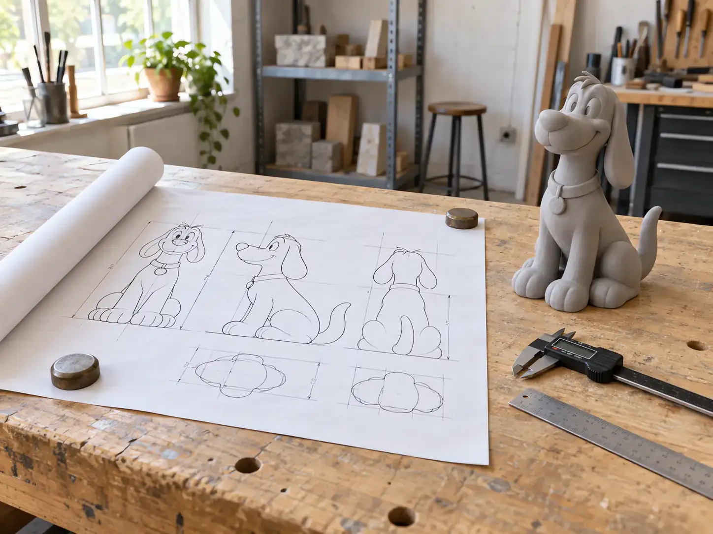Line drawings of a cartoon dog sculpture laid flat on a workshop bench with calipers, a steel ruler and a clay maquette