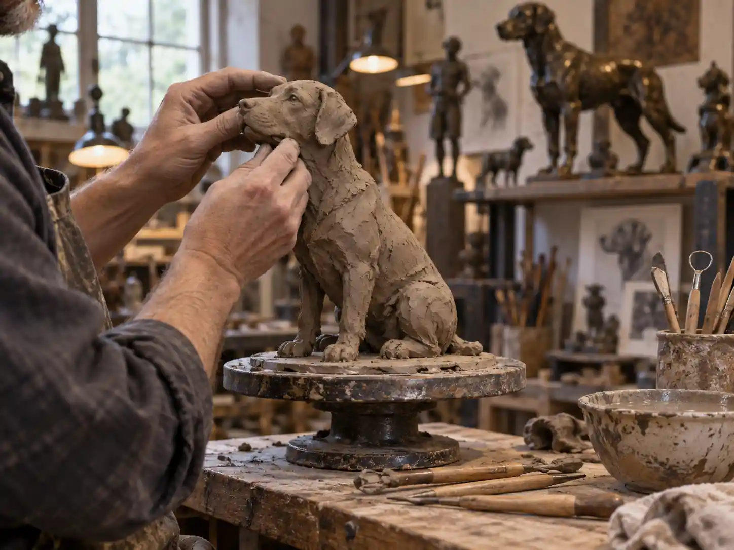 A sculptor shaping a clay maquette by hand in the workshop
