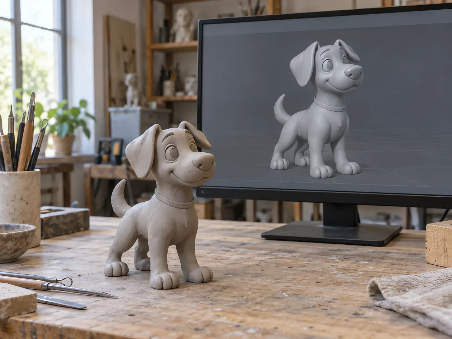 Workshop monitor displaying a grey 3D model of a cartoon dog sculpture beside the matching clay maquette