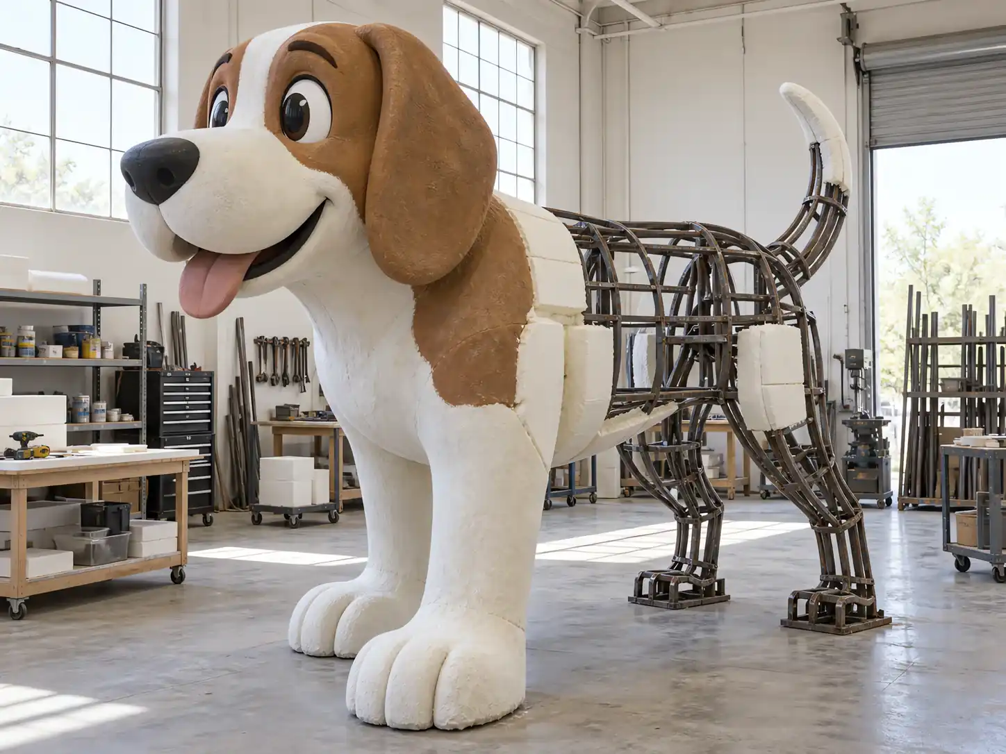 A large cartoon dog sculpture taking shape over an exposed welded steel frame in a fabrication workshop