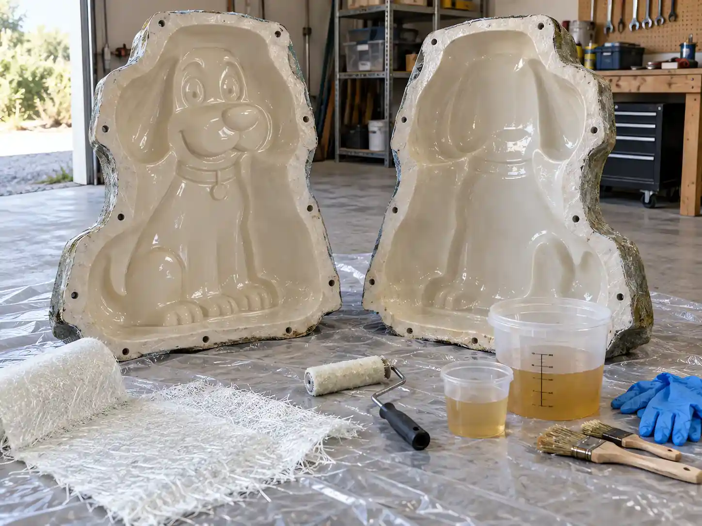 Two large open fibreglass mould halves on a workshop floor with glass-fibre layup, resin and rollers beside them