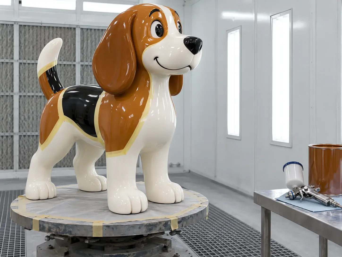 A finished cartoon dog sculpture in glossy painted fibreglass on a turntable inside a spray booth