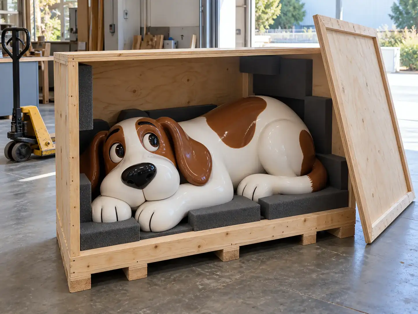 A finished cartoon dog sculpture packed in a foam-lined custom timber crate with the lid propped open