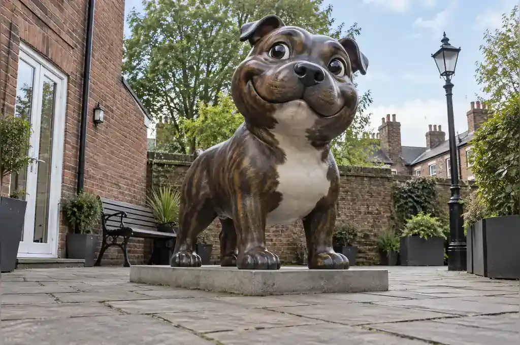 Cartoon Staffordshire bull terrier sculpture in gloss-painted fibreglass on a Manchester patio