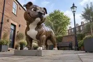 Three-quarter view of a cartoon staffie fibreglass sculpture with hand-painted brindle, Manchester