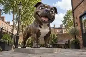 Detail of the painted head of a cartoon Staffordshire bull terrier sculpture