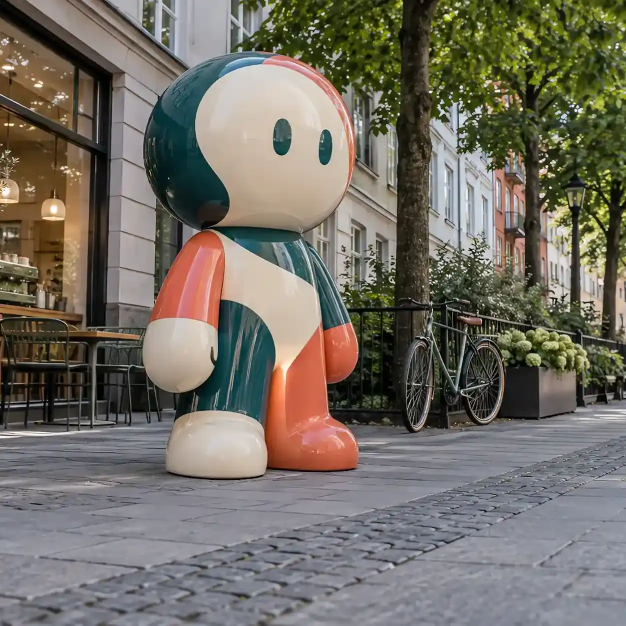 Large abstract cartoon character sculpture in gloss-painted fibreglass on a public plaza