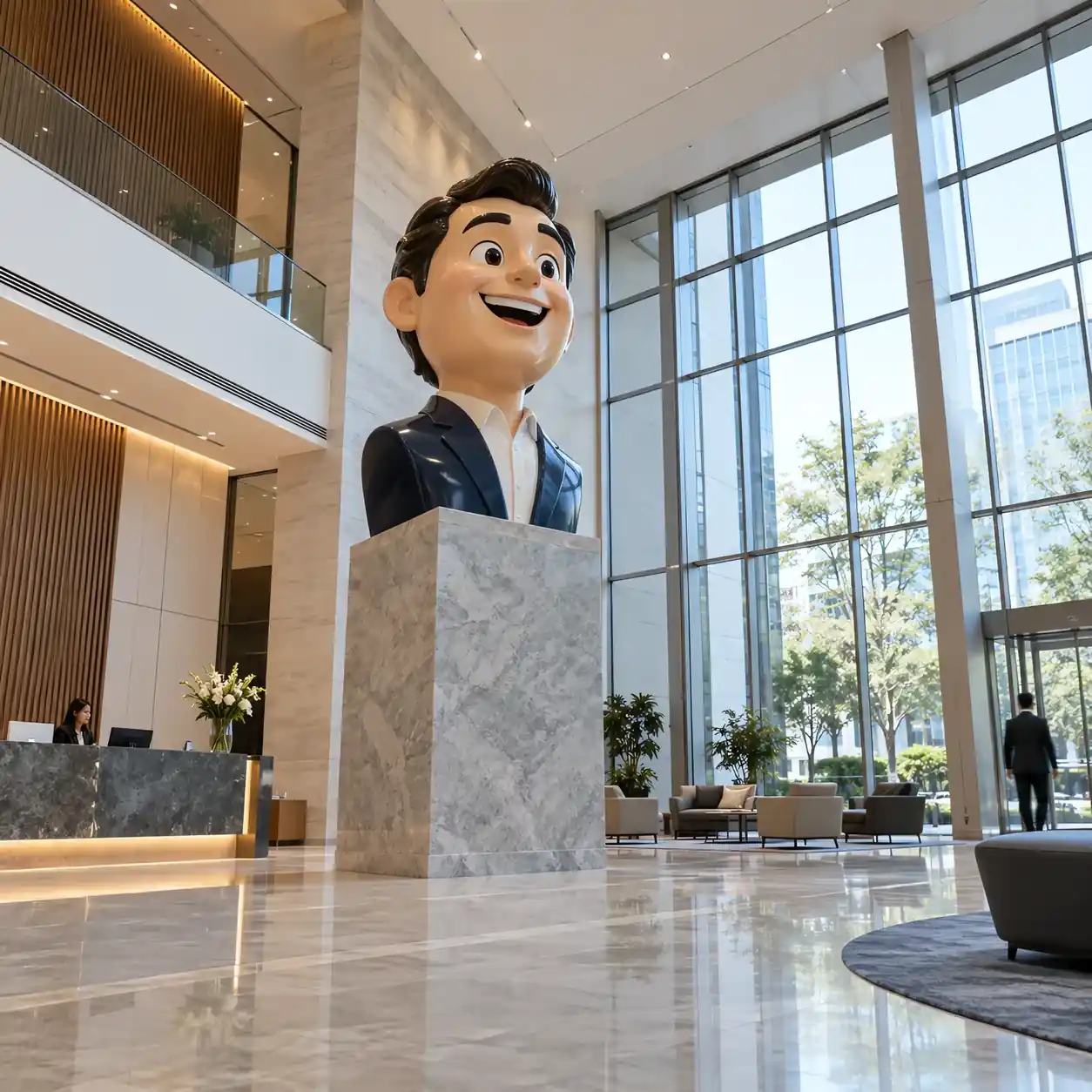 Large cartoon caricature bust of a smiling man on a tall plinth in a bright corporate reception lobby, with a reception desk and seating for scale